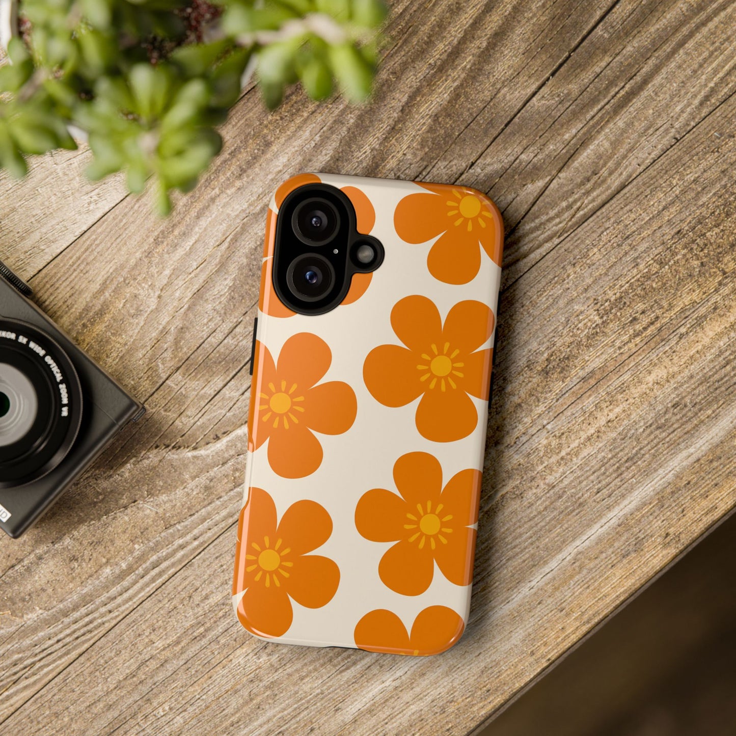 Orange Retro Flower Tough Phone Case — 70s Floral Pattern Protective Cover