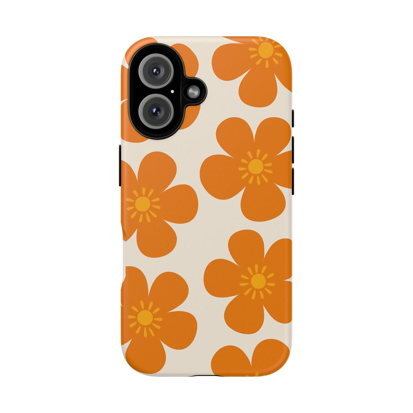 Orange Retro Flower Tough Phone Case — 70s Floral Pattern Protective Cover