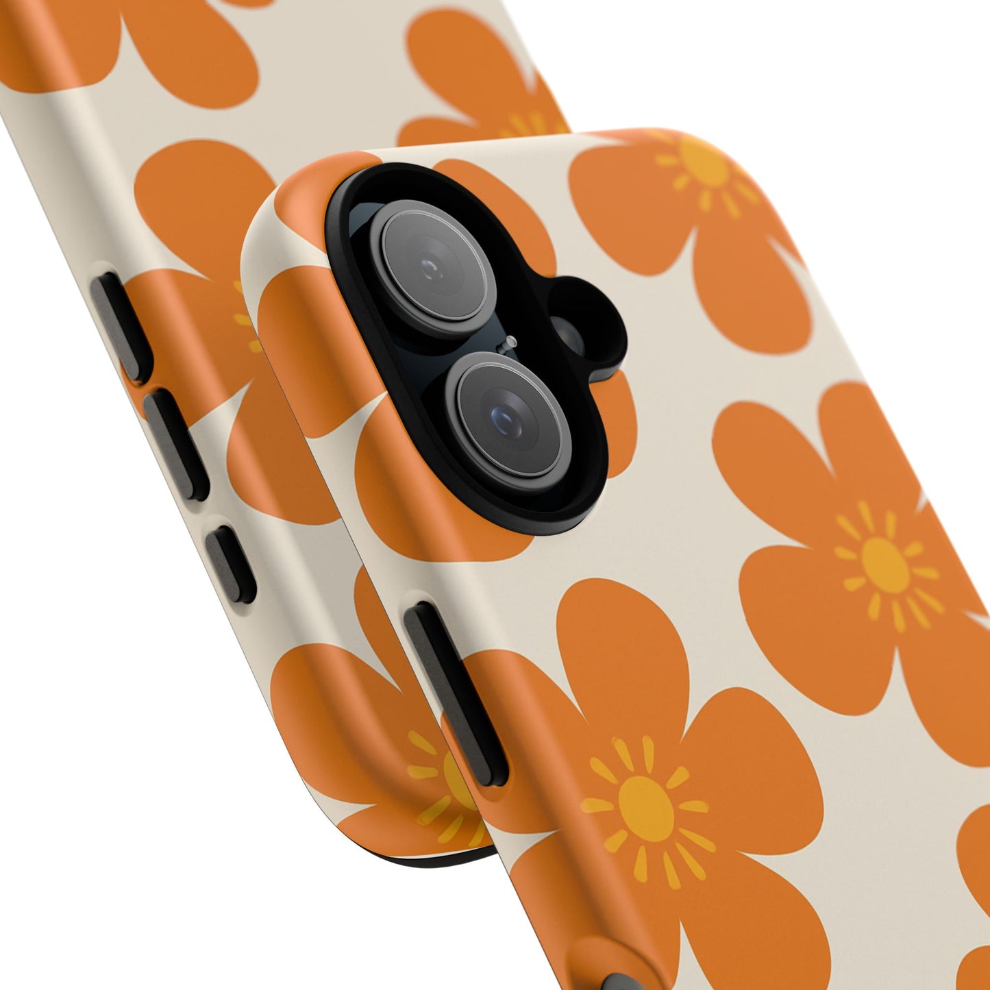 Orange Retro Flower Tough Phone Case — 70s Floral Pattern Protective Cover