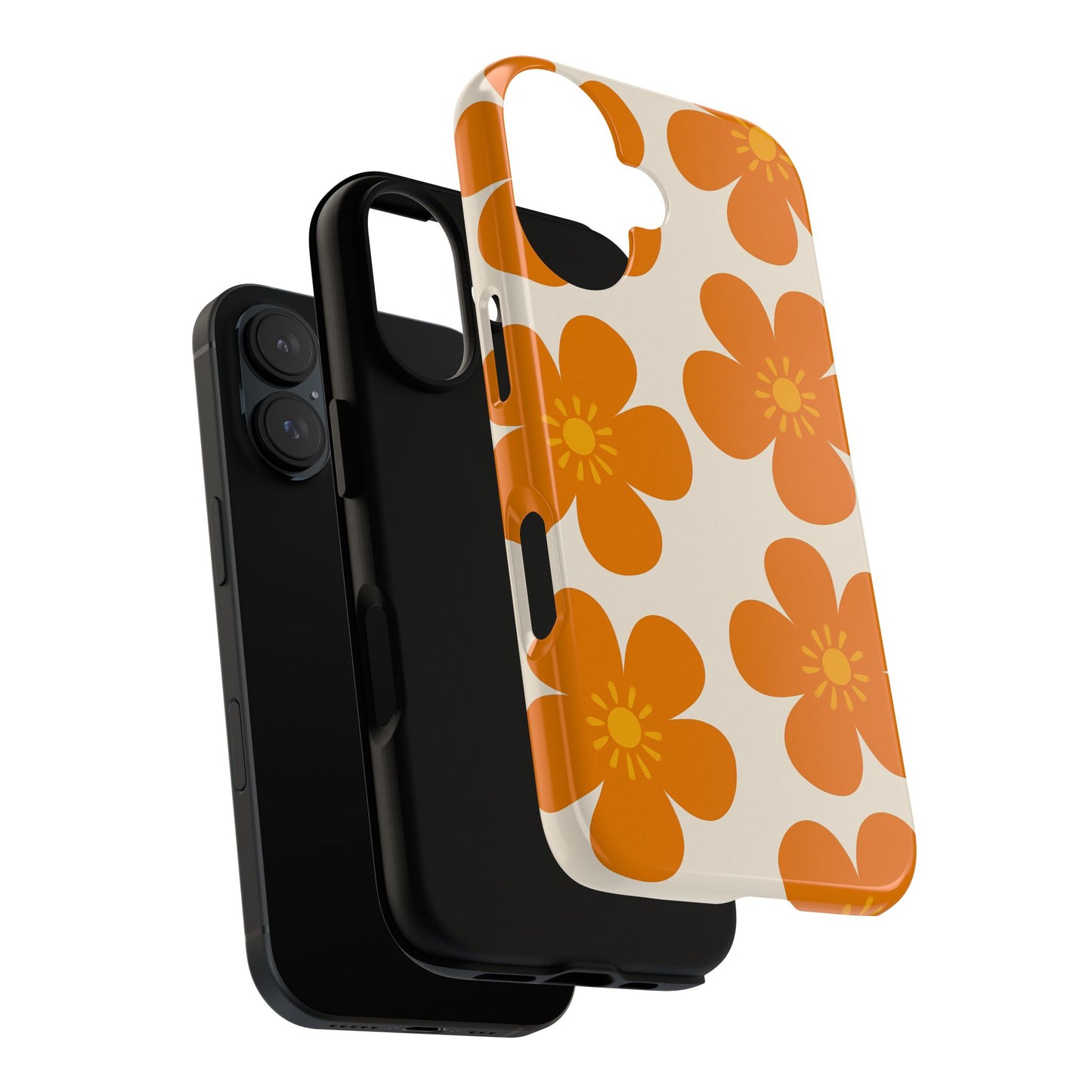 Orange Retro Flower Tough Phone Case — 70s Floral Pattern Protective Cover
