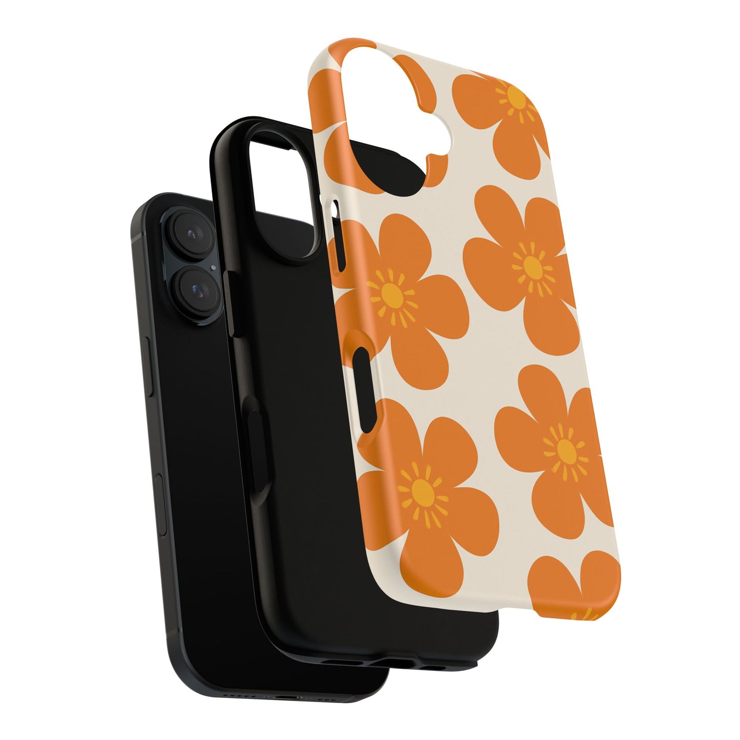 Orange Retro Flower Tough Phone Case — 70s Floral Pattern Protective Cover
