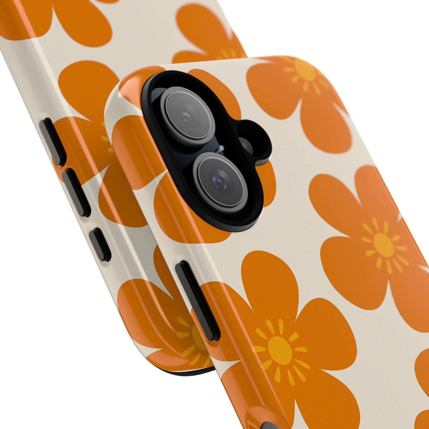 Orange Retro Flower Tough Phone Case — 70s Floral Pattern Protective Cover