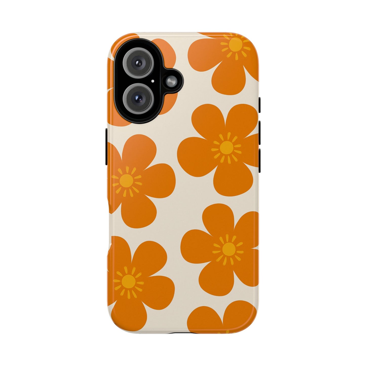 Orange Retro Flower Tough Phone Case — 70s Floral Pattern Protective Cover